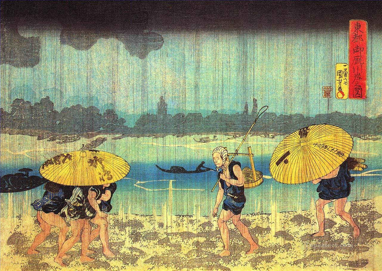 隅田川のほとりで 歌川国芳浮世絵油絵